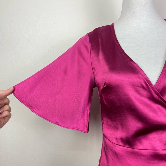 Lulu’s | NWT Magenta Ready for Romance Mini Satin Wrap Dress *RE-ATTACH BUTTONS* - Picture 5 of 12